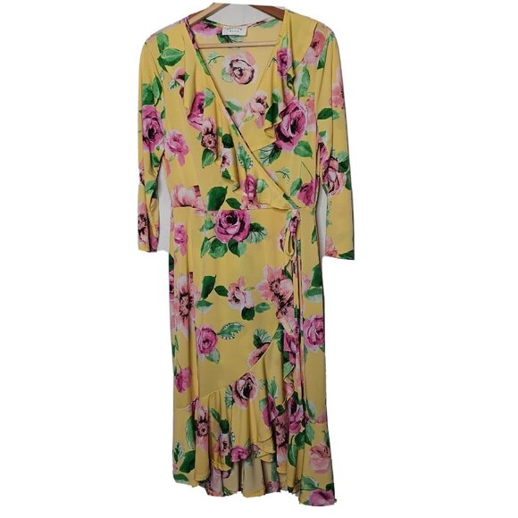 Janette Plus USA XL Dress Yellow Pink Floral Stretch Faux Wrap Midi Ruffle - Picture 1 of 8
